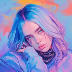 AI generated illustration of a woman with vibrant blue hair