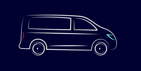 Modern minibus silhouette. White neon car silhouette on blue background for logo design, banner or marketing advertising. Vector illustration