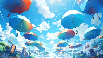 Transform the simple image of open umbrellas under a bright blue sky into a dynamic pixel art masterpiece Experiment with the wide-angle view to create a visually striking and modern interpretation