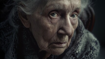 AI-generated illustration of an elderly woman with a gray shawl looking at the camera - obrazy, fototapety, plakaty