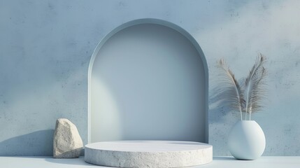 3D render of a geometric scene with an arch and podium.