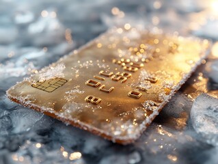 Close up of chip for secure payment, golden credit card frozen in ice, concept of frozen bank account