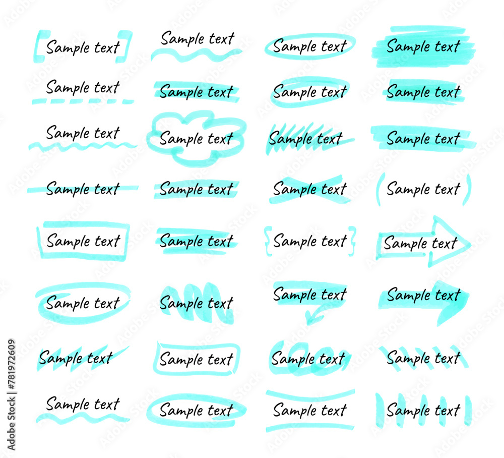 Poster set of elements for notes, highlighting and underlining in the text. the effect of a blue marker or 