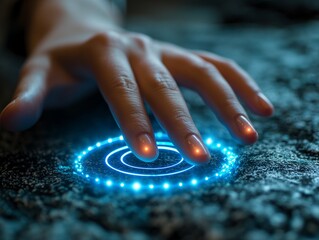 Finger press future button with blue light black background. Concept image