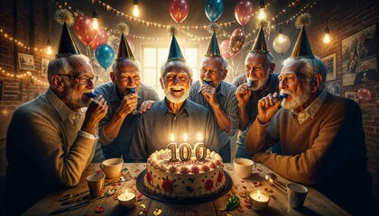 AI generated illustration of elderly couple joyfully celebrating with a birthday cake - obrazy, fototapety, plakaty