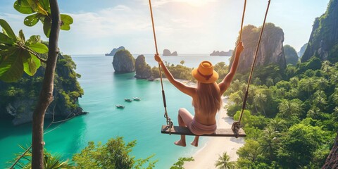 Woman on swing overlooking tropical bay