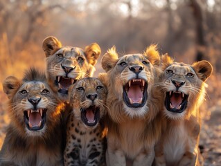 A group photo of different animals in Africa, various animals gathered together, animals smiling...