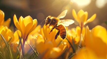 A closeup of an enchanting bee hovering over vibrant yellow crocuses - obrazy, fototapety, plakaty
