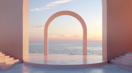 Natural daylight setting with geometrical forms and a podium. Natural landscape background. Sea view. 3D render background...
