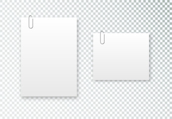 Blank paper sheet in A4 format on transparent background. Notebook page, document with steel paper clip. Vector