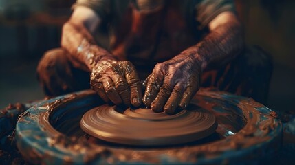 the hands are casting a clay vase on a wheel that looks to be pottery