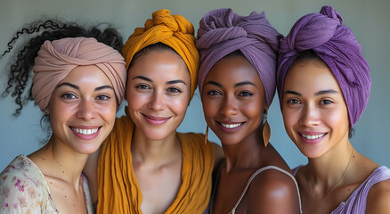 a trio of beautiful women wearing turbans and scarves - obrazy, fototapety, plakaty