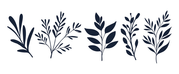 Obraz premium Set of decorative leaf silhouette. Different vector branches. Simple stencils illustration