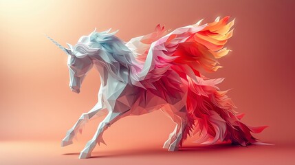 A majestic low poly white unicorn with rainbow wings made of fire. - obrazy, fototapety, plakaty