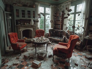 home chaos with chairs and table, windows and curtains, broken walls, furniture and other accessories flying in the air