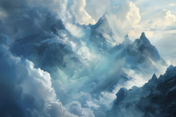 Clouds wrapping around mountain peaks - Generative AI - obrazy, fototapety, plakaty