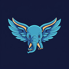 AI generated illustration of a blue, winged elephant on a dark blue background