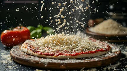 Grated mozzarella cheese gently falling over a tomato pizza base, embodying Italian cuisine - obrazy, fototapety, plakaty