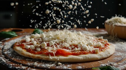 Grated mozzarella cheese gently falling over a tomato pizza base, embodying Italian cuisine