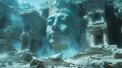 An ancient statue of a pharaoh stands in the middle of a ruined temple. - obrazy, fototapety, plakaty