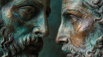 Bronze statues of two men staring at each other
