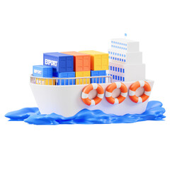 Colorful 3D Cargo Ship Sailing on Blue Ocean Waves