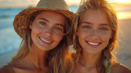 Fototapeta premium lesbian couple have fun on beach Beautiful women friends happy relax near sea when sunset in evening Lifestyle lesbian couple travel on beach concept.