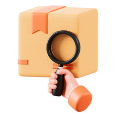 3D Rendering of Hand Holding Magnifying Glass Over Package