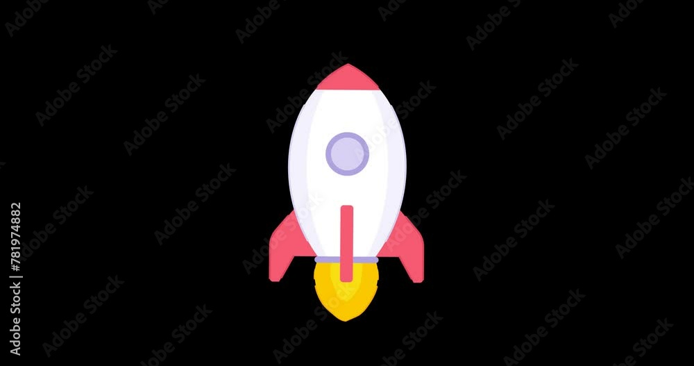 Poster rocket launch space exploration icon animation with alpha channel. spaceship with fire flame engine.