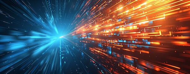 Fototapeta premium Abstract background with blue and orange light rays in perspective, data transfer concept