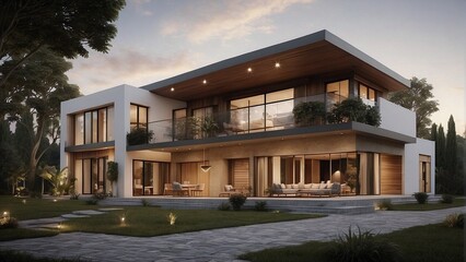 AI generated illustration of a luxurious modern house with a pool