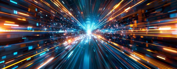 Fototapeta premium Abstract background with blue and orange light rays in perspective, data transfer concept