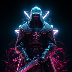 AI generated illustration of a medieval video game design featuring a knights templar warrior - obrazy, fototapety, plakaty