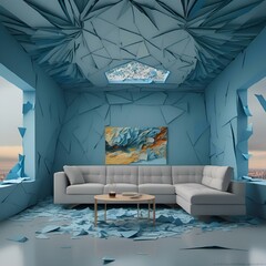 AI-generated illustration of a surreal living room with shattered blue walls and a white sofa - obrazy, fototapety, plakaty