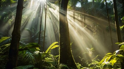 light shining into a tropical forest with the sun filtering through the trees