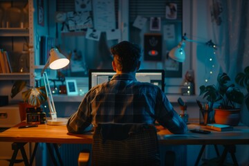 a man sits in front of his computer at night at work