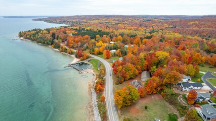 Aerial view of the sea and autumn trees on the coastal area
