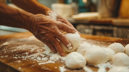 Fototapeta premium Artisans hands crafting mozzarella, a close-up on the finesse of cheese making