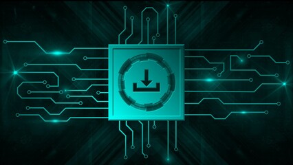 Download symbol as cutout into plate and digital circuit lines on turquoise futuristic background - technology design concept - 3D Illustration