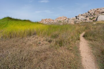 Beautiful landscape of stones and green grass on a hill on a sunny morning