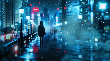 woman walking on street at night, rear view, urban lights in background