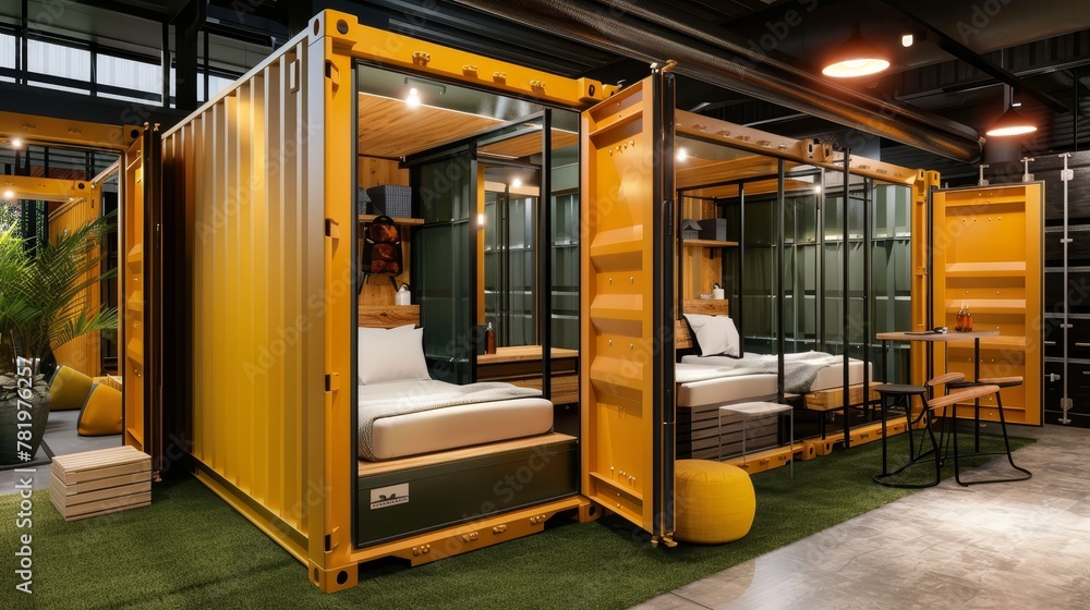 Poster highlight the unique design elements and amenities offered by plugys hotel containers ai generated i