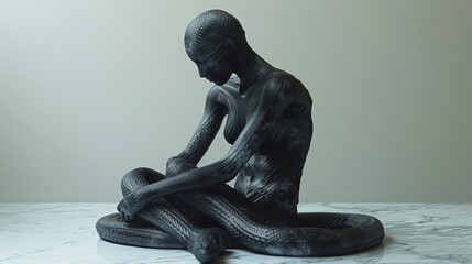 A statue of a woman sitting on the ground with a snake wrapped around her. The statue is made of metal and has a creepy, eerie appearance