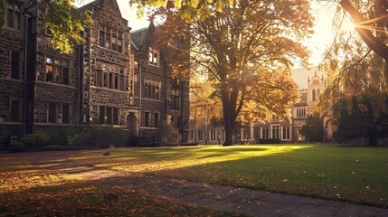 A university on a grassy field in sunlight