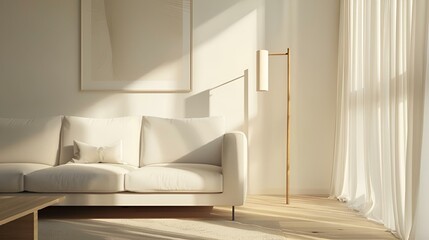 a room with a white couch, wooden table and lamp