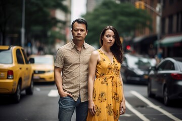 A man and a woman stand on a city street in front of a yellow taxi cab