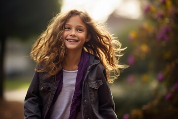 Obraz premium A young girl with long hair is smiling and wearing a purple scarf