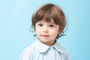 Fototapeta premium A young child with blonde hair and blue clothing is smiling at the camera