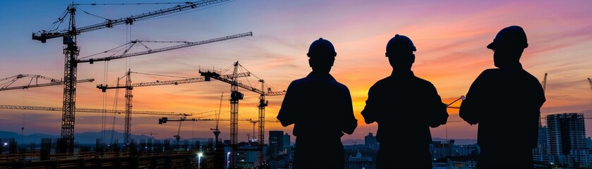 Fototapeta na wymiar Silhouettes of a workforce against the backdrop of construction sites at sunset, symbolizing progress