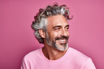 Fototapeta premium A man with a full head of gray hair is smiling and wearing a pink shirt